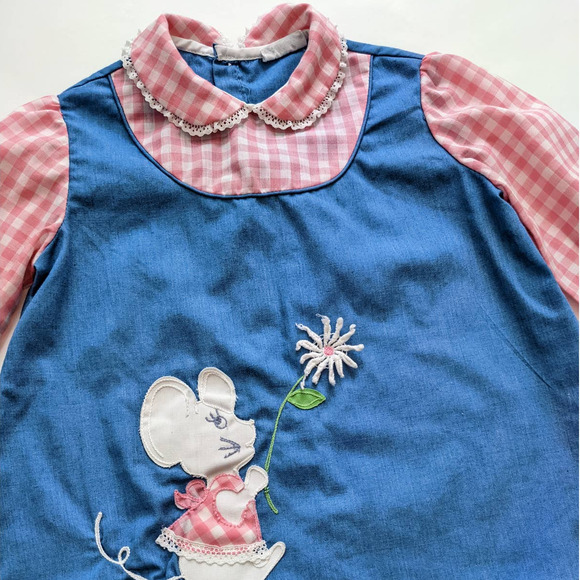Vintage Girl's Jumper Dress Pink Gingham & Blue Cute Embroidered Mouse Detail - Picture 4 of 10